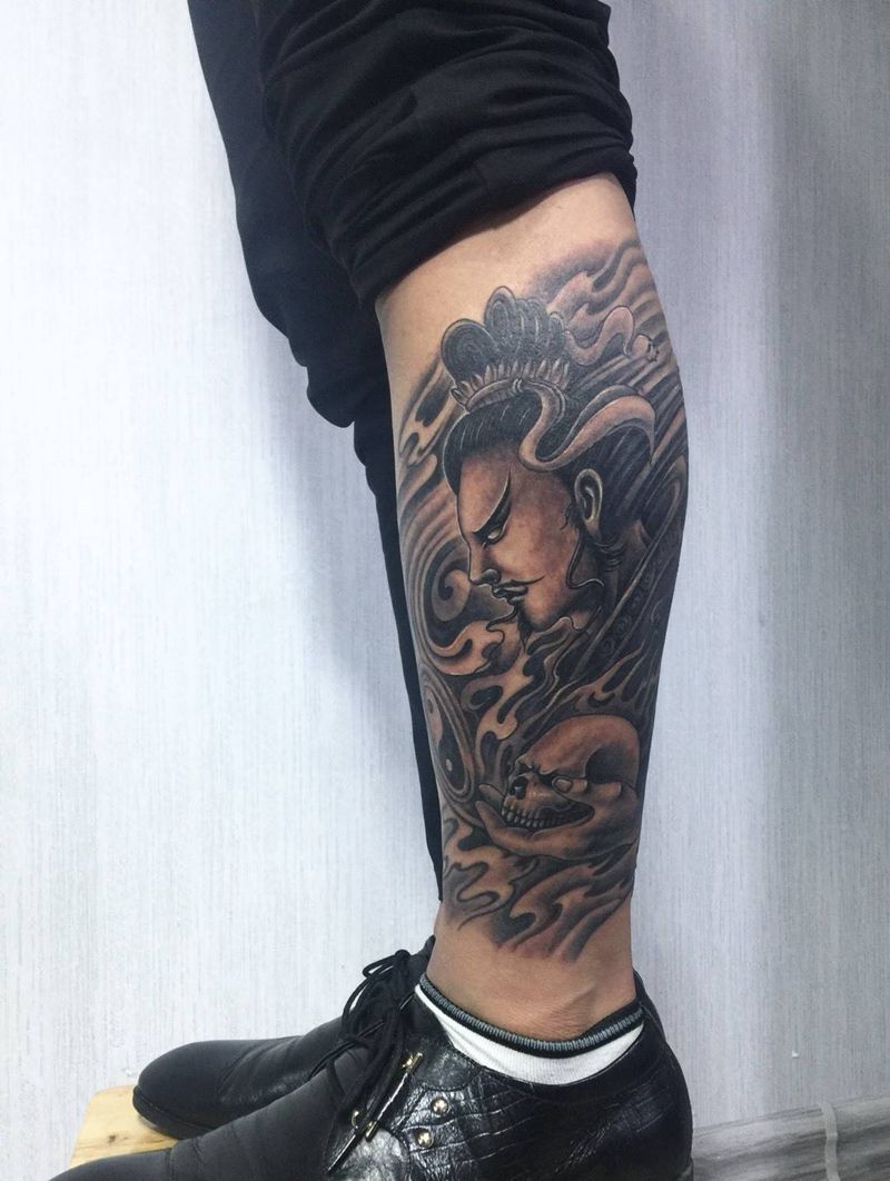 小腿传统古代人物纹身图片_成品腿部传统人物中国风纹身图案