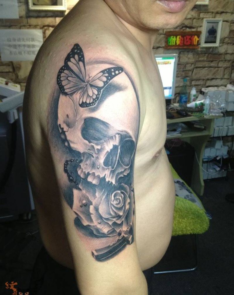 欧美骷髅纹身图片_欧美写实鬼神宗教手臂纹身图案