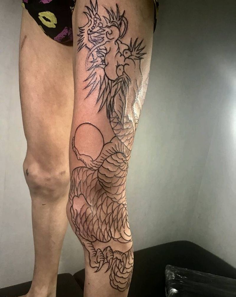 龙花腿纹身图片