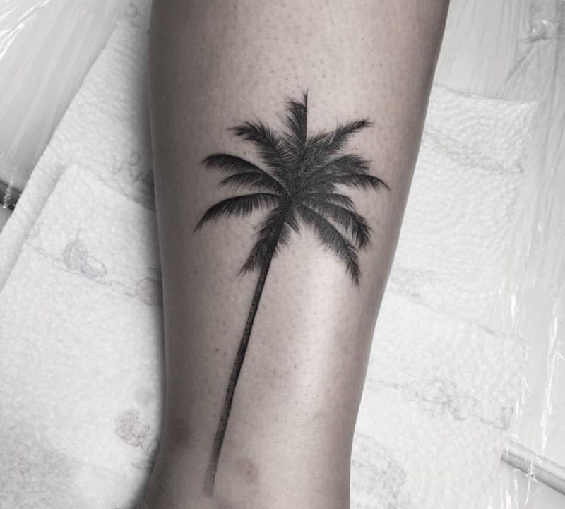 小腿椰子树纹身图片_成品脚部腿部清新写实植物纹身图案