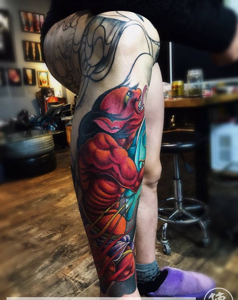 花腿……小腿彩色部分纹身图片