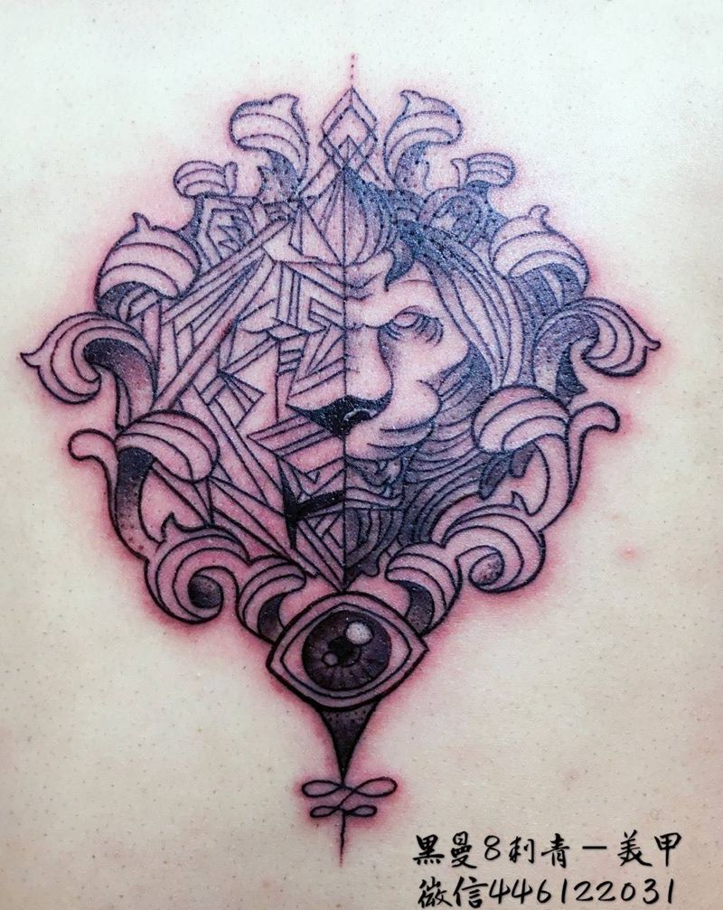 狮子座男孩纹身图片_成品背部欧美动物几何纹身图案