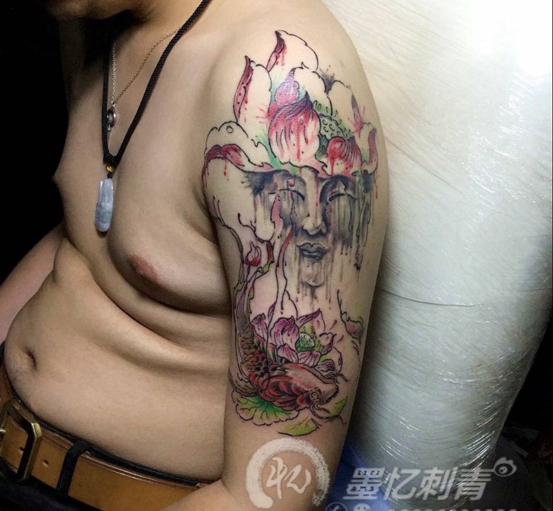 佛，水墨纹身图片_成品手臂传统写实国画人物纹身图案