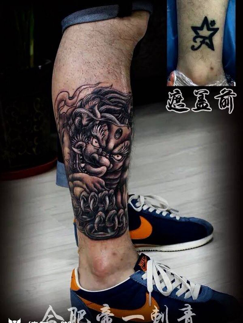 貔貅遮盖老纹身纹身图片_成品腿部传统动物纹身图案