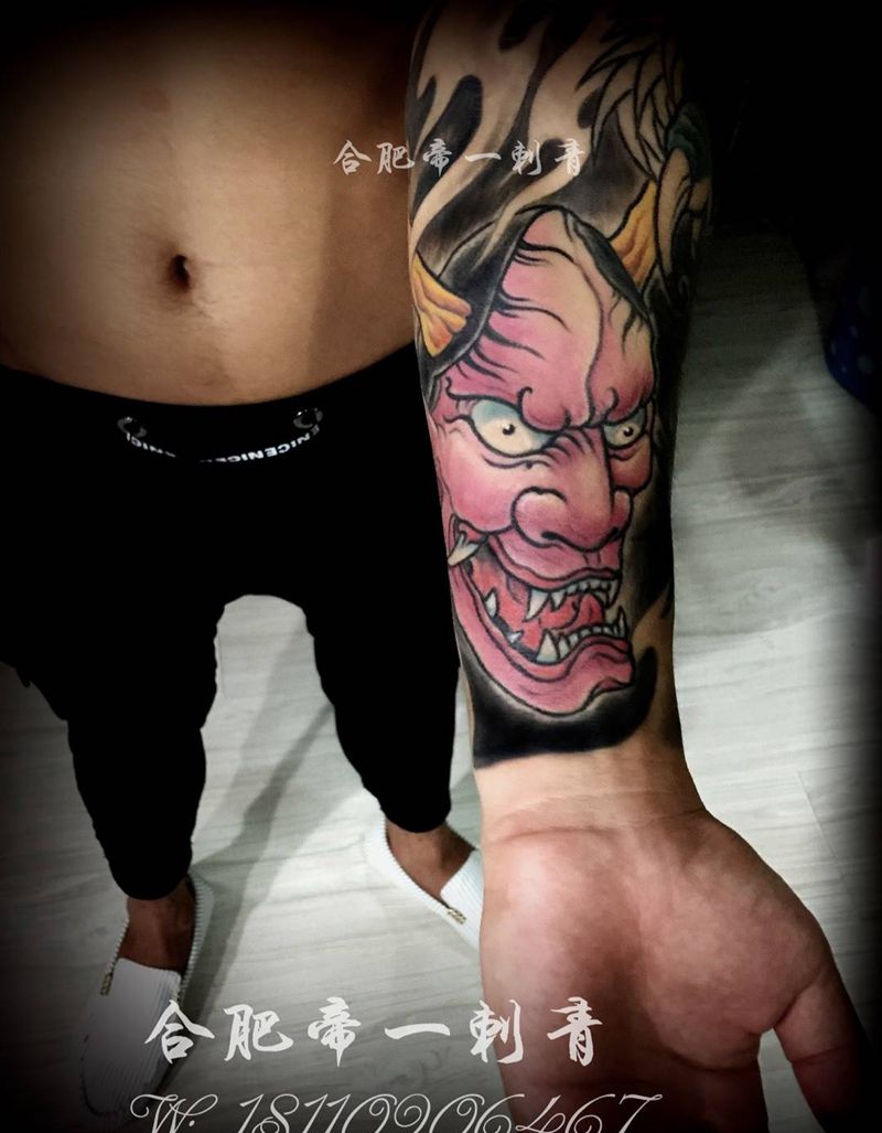 小手臂般若纹身图片_成品手臂传统鬼神纹身图案