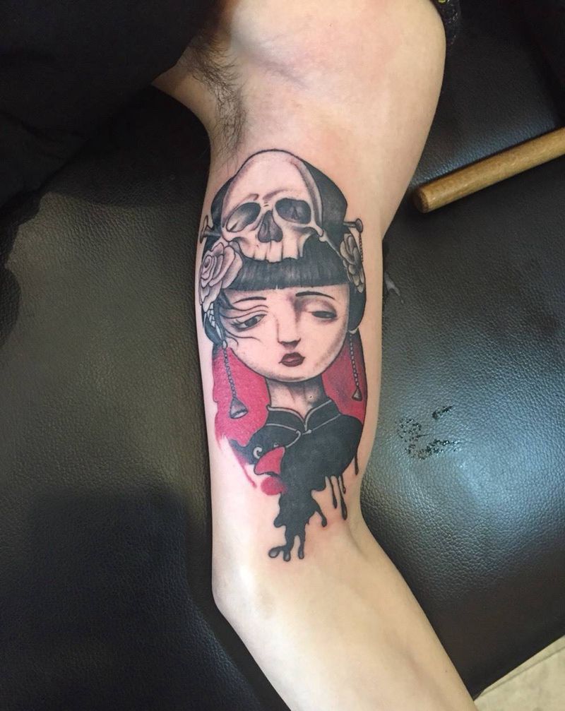 就叫艺妓吧纹身图片_成品手臂传统欧美肖像人物鬼神纹身图案