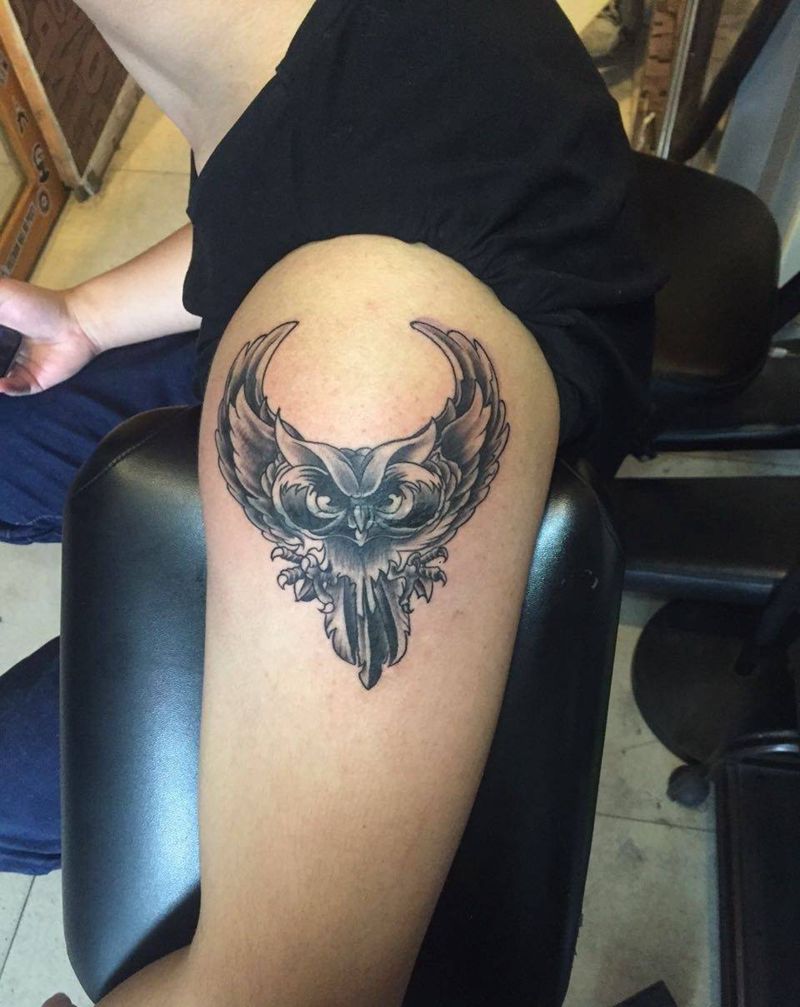 遮盖猫头鹰纹身图片_成品手臂欧美动物纹身图案