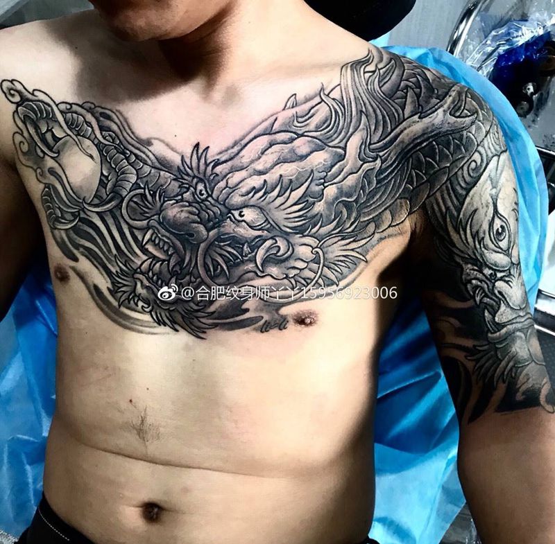 遮盖老纹身纹身图片_成品手臂胸部传统动物龙中国风遮盖老纹身图案