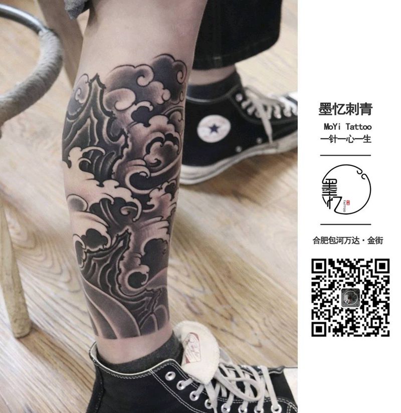 水浪纹身图片_腿部新传统纹身图案