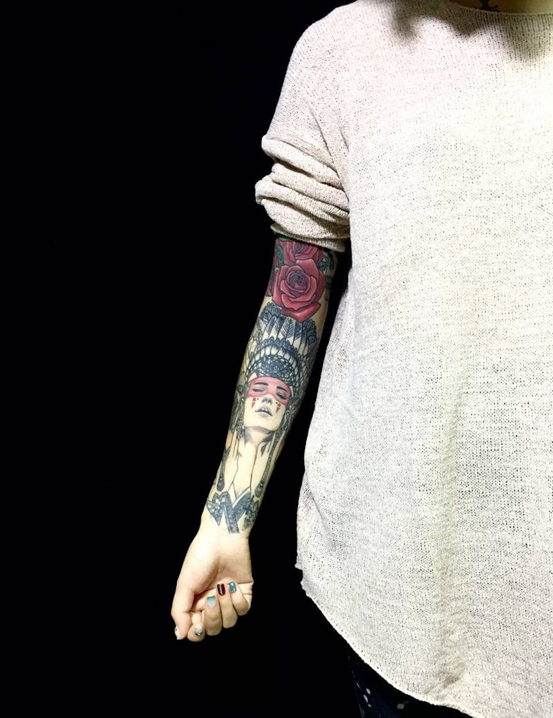 手臂印第安女郎纹身图片_成品手臂欧美人物纹身图案