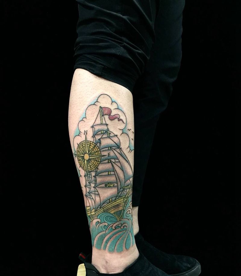小腿帆船纹身纹身图片_成品腿部欧美纹身图案