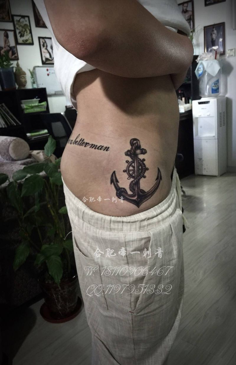 侧腰船锚刺青纹身图片_成品腰部欧美静物纹身图案