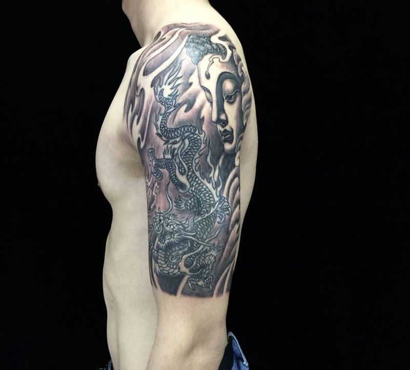 老纹身修改添加佛首纹身图片_成品手臂传统宗教动物鬼神纹身图案