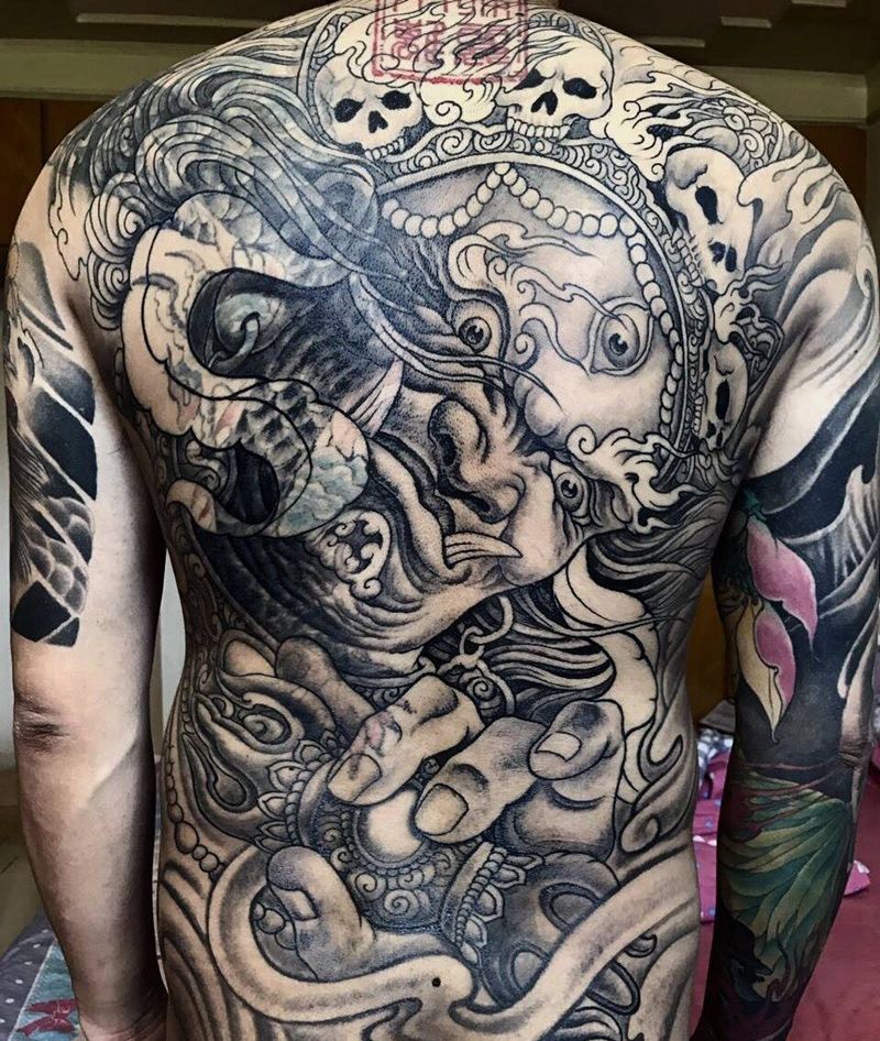 大黑天神纹身图片_成品背部传统鬼神宗教纹身图案