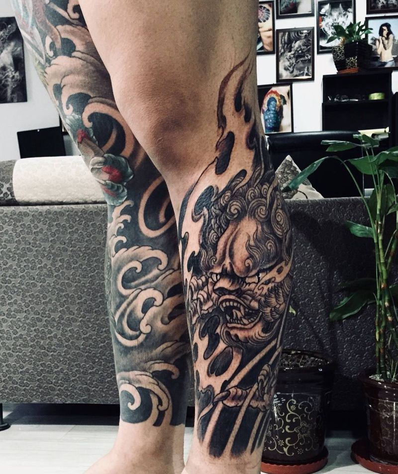 花腿纹身图片_成品腿部传统宗教鬼神纹身图案