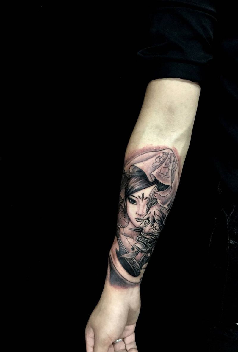 小手臂古典仕女纹身图片_成品手臂传统人物纹身图案