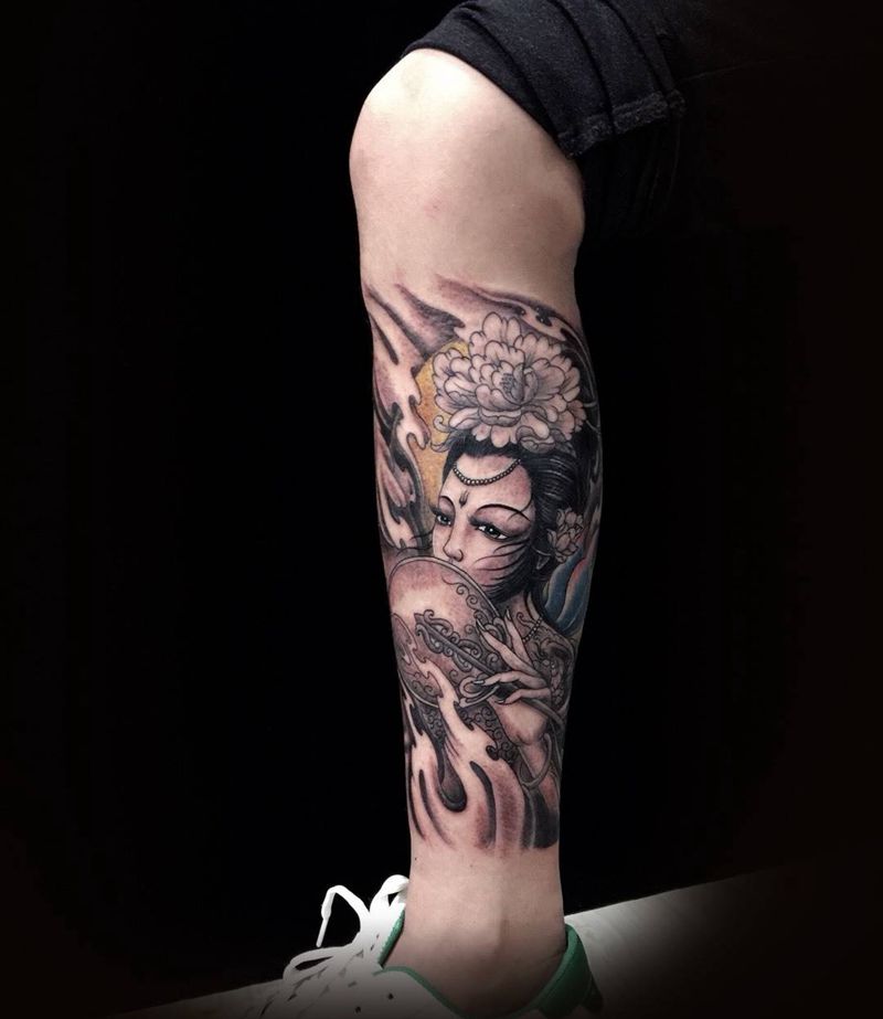 小腿中国风 仕女纹身纹身图片_成品腿部传统国画写实人物纹身图案