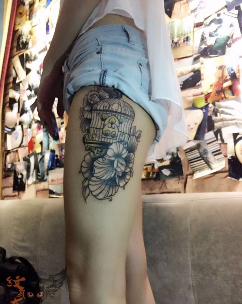 鸟笼、未完成纹身图片_欧美清新静物腿部纹身图案