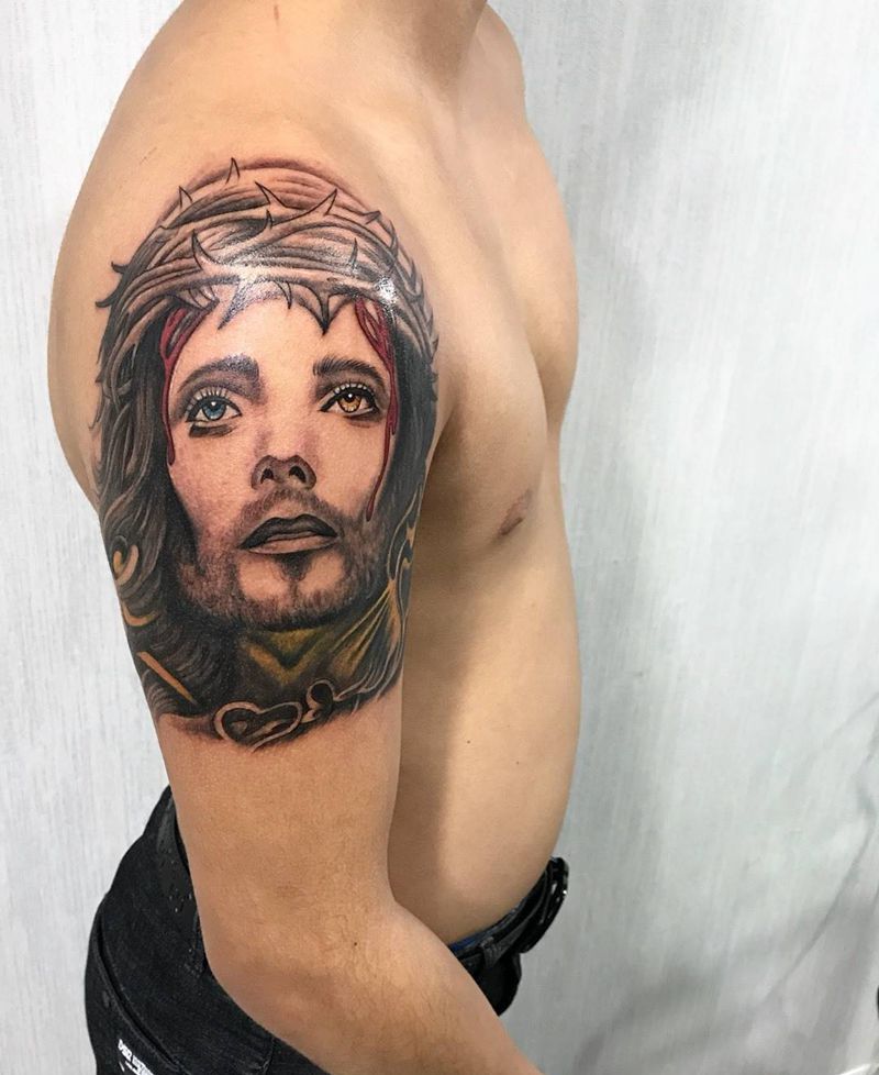 手臂耶稣纹身图片_成品手臂欧美宗教人物纹身图案