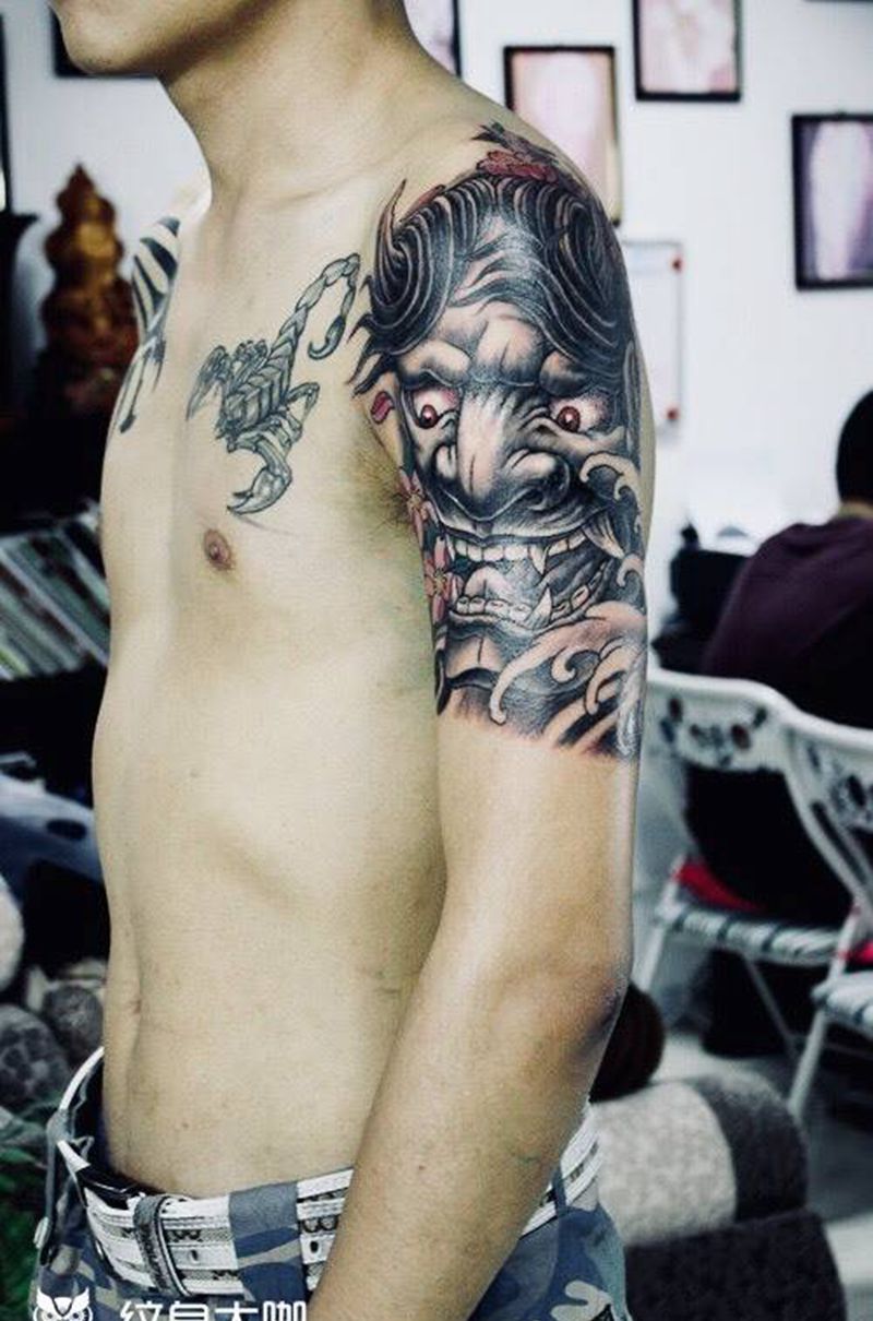 手臂般若纹身图片_成品手臂传统鬼神般若纹身图案