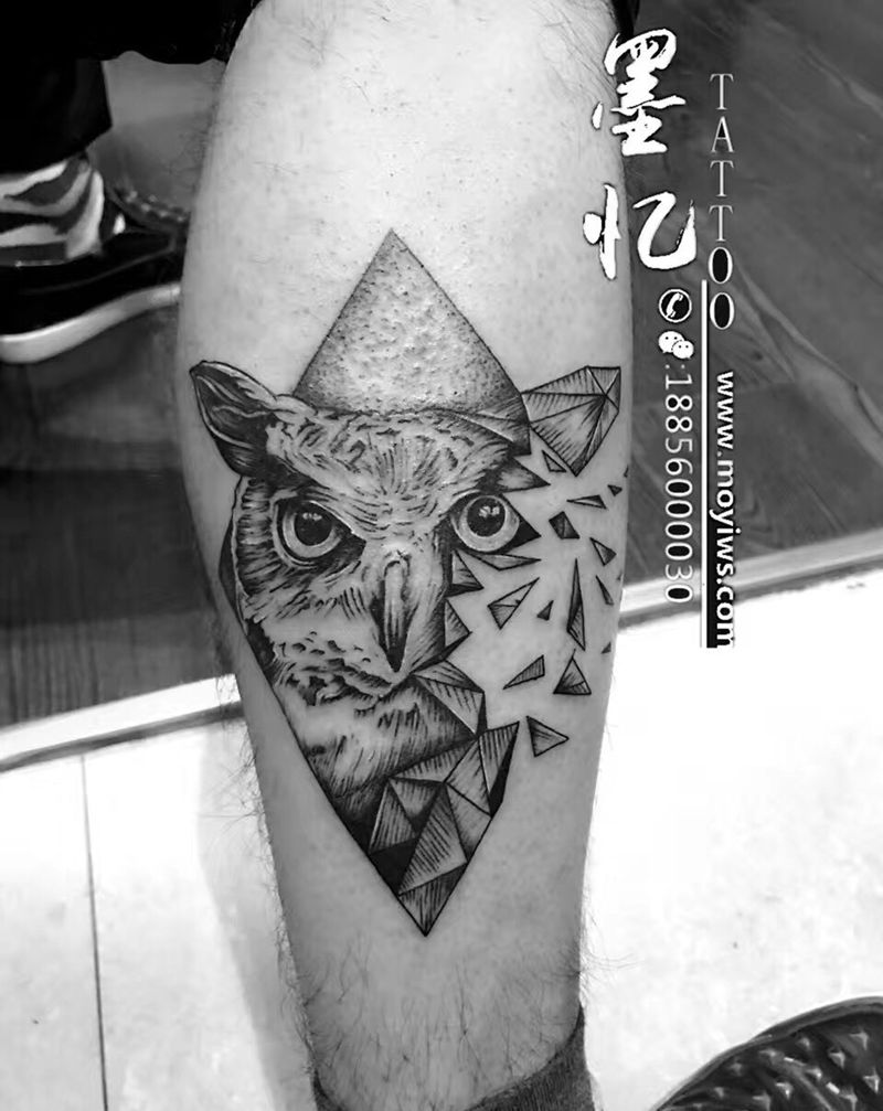 欧美猫头鹰小腿纹身图片