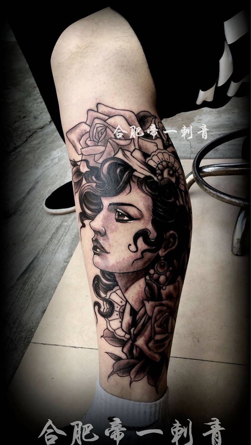 欧美风女郎纹身图片_成品腿部肖像欧美人物纹身图案