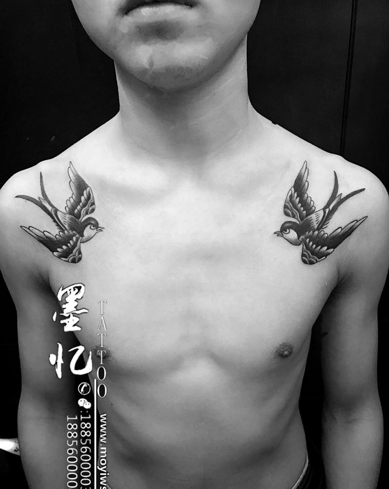 燕子纹身图片_成品胸部传统人物纹身图案