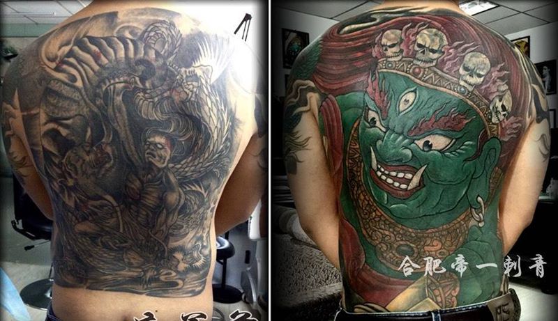 大黑天纹身纹身图片_成品背部传统鬼神纹身图案