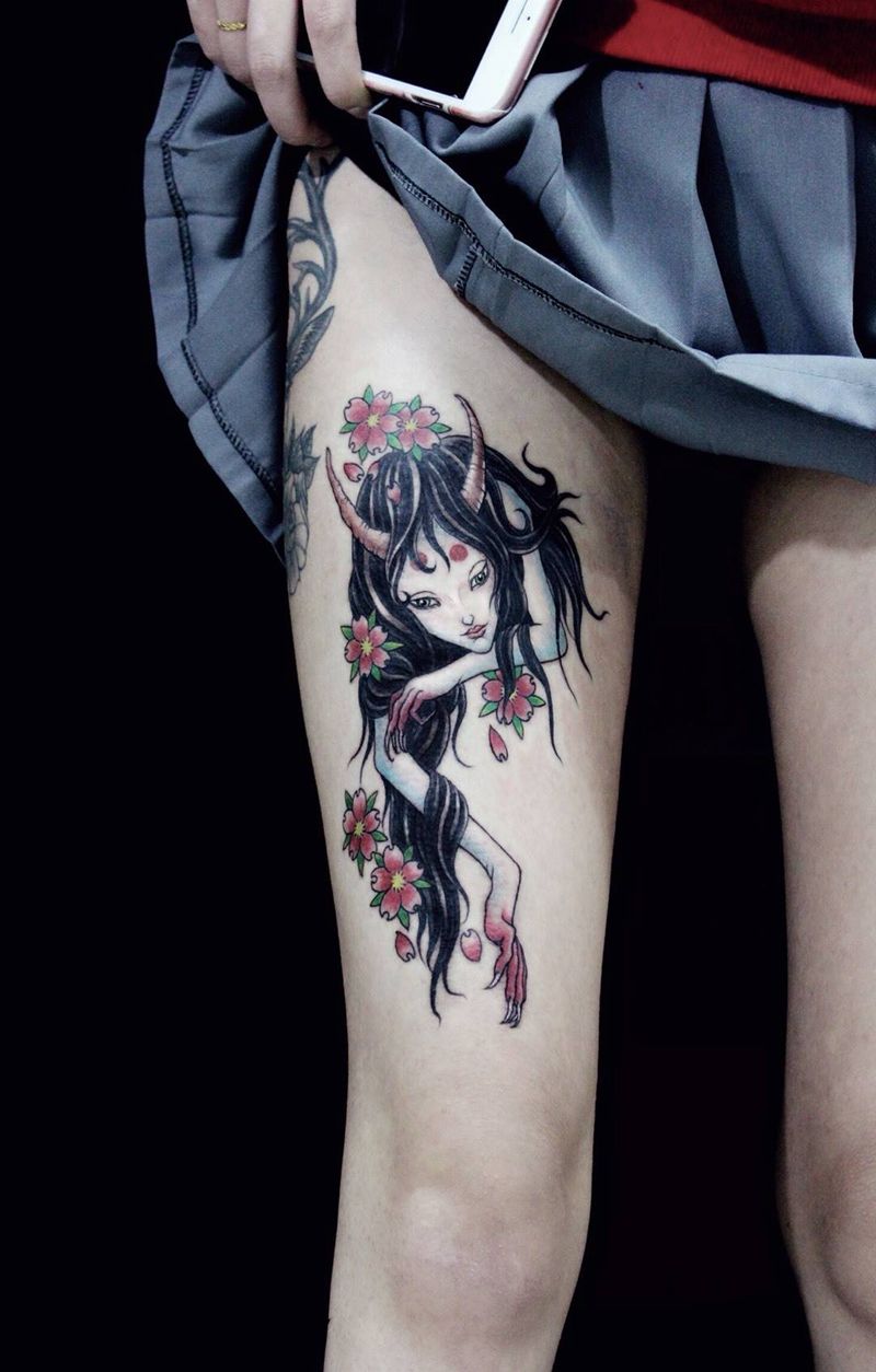 大腿 阿修罗女 纹身纹身图片_成品腿部传统清新肖像写实人物纹身图案