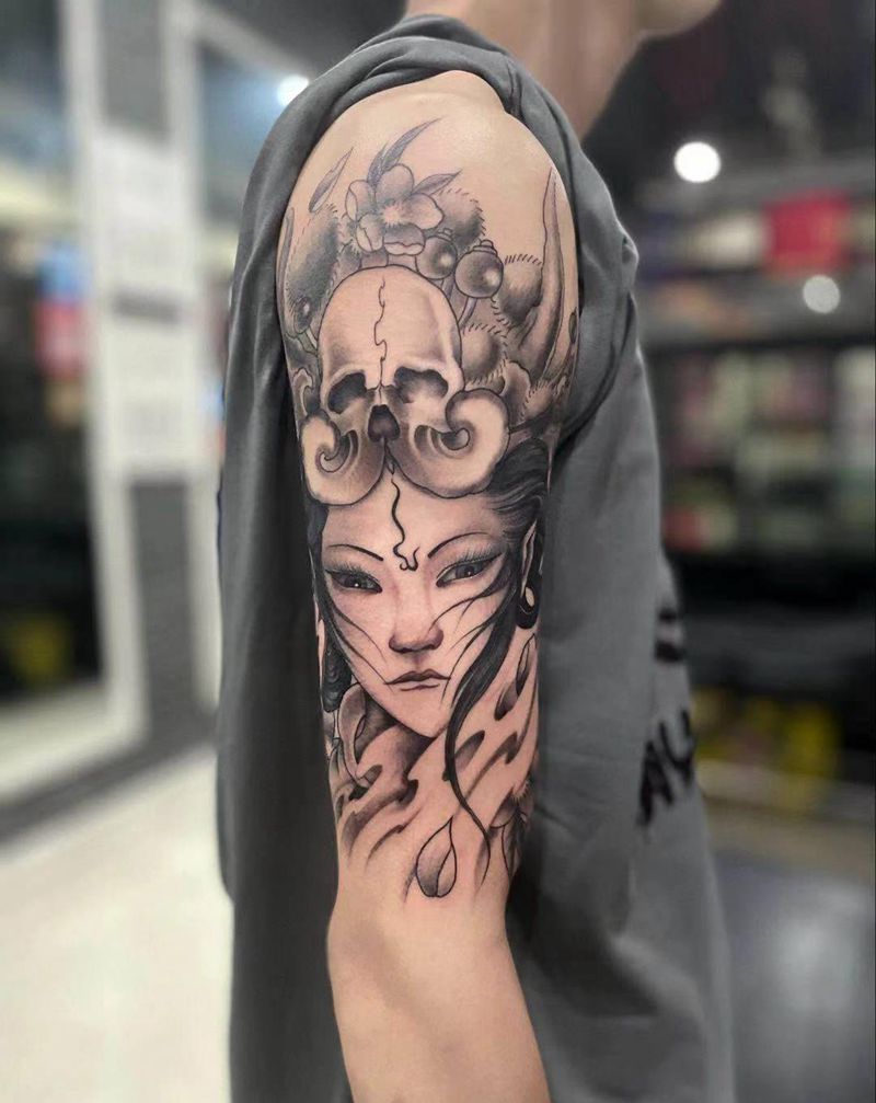 本店峰子师傅作品纹身图片_肩部手臂新传统老传统纹身图案