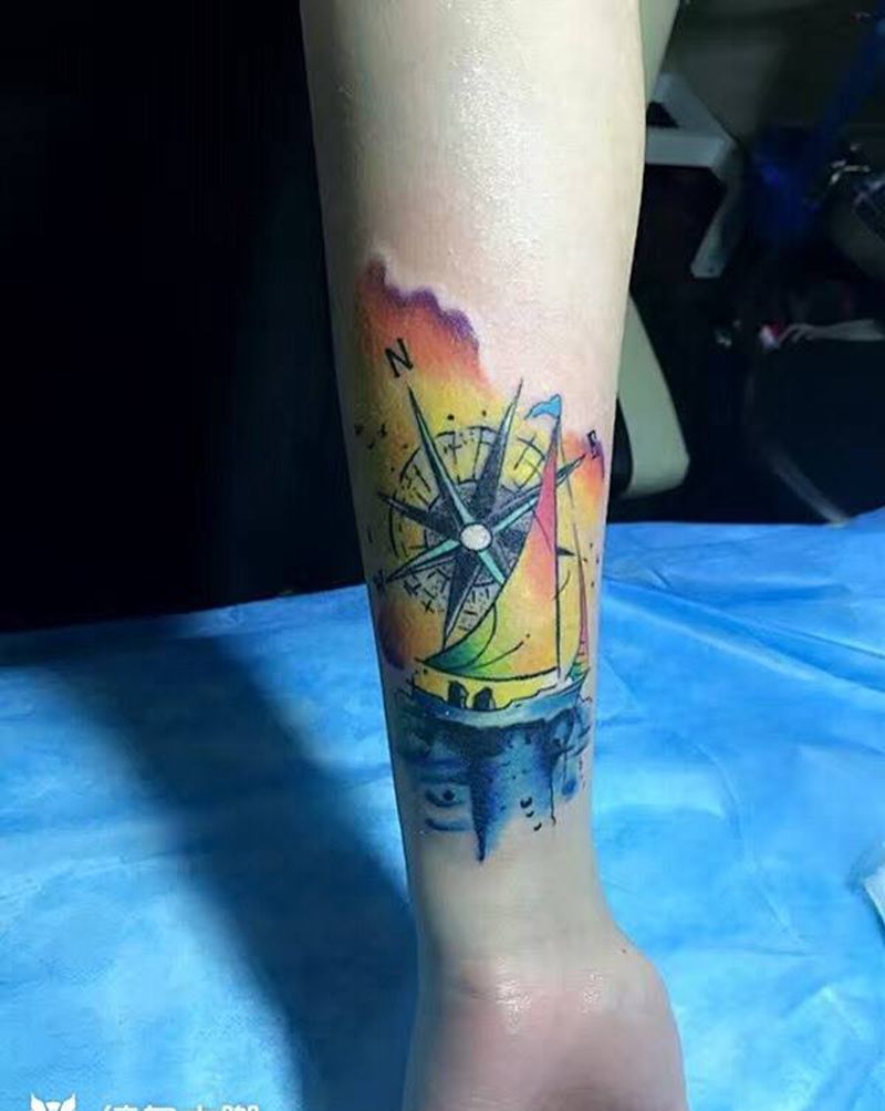 遮盖水彩帆船⛵️纹身图片_欧美手臂成品清新植物静物纹身图案