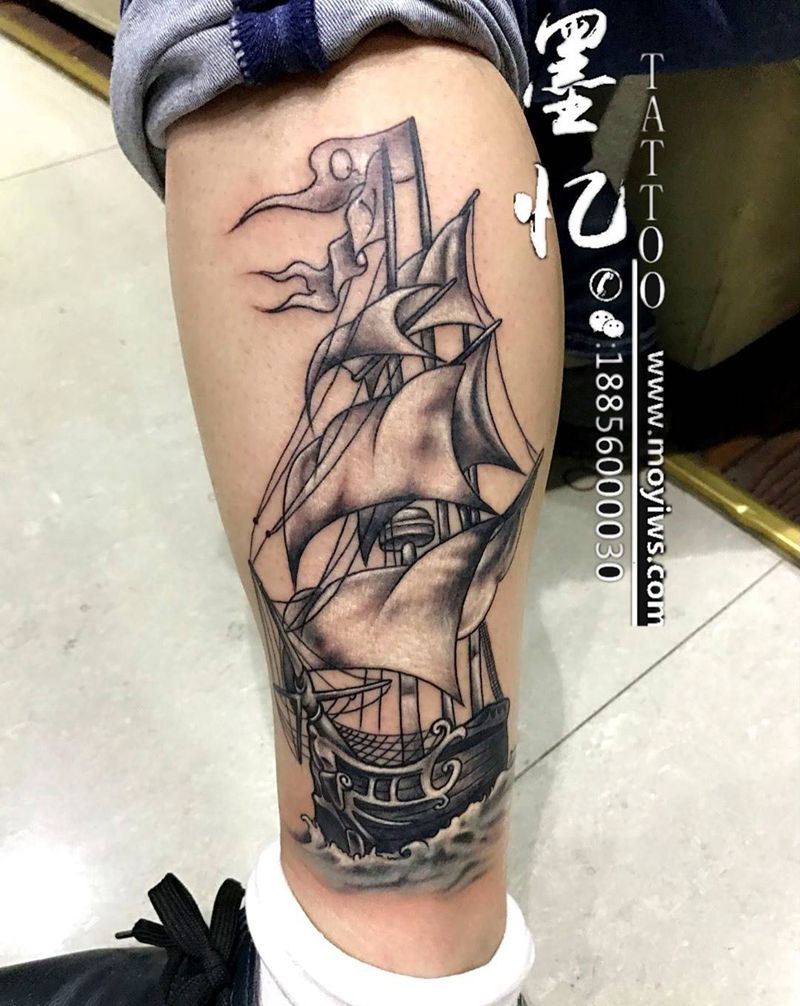 船纹身图片_成品腿部传统清新写实静物原创纹身图案