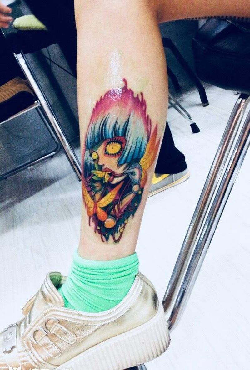 欧美动漫风纹身图片_成品脚部欧美人物纹身图案