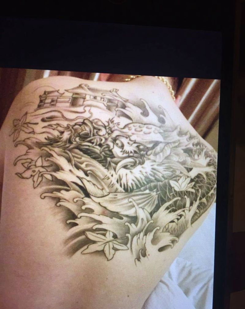 半背龙门图纹身图片_成品背部传统动物鬼神宗教国画纹身图案