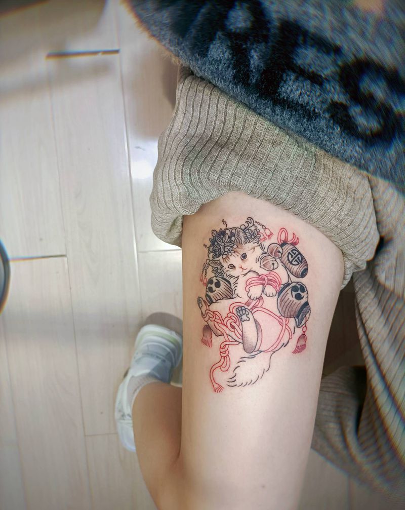 传统猫纹身图片_腿部新传统纹身图案