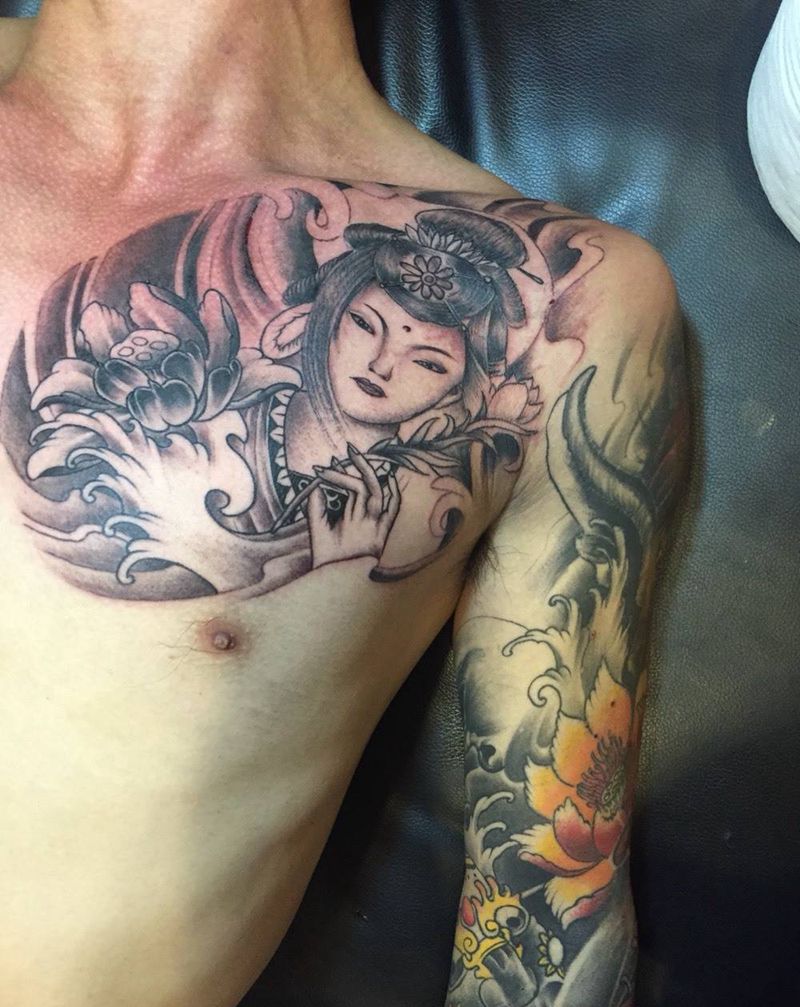 艺妓纹身图片_成品胸部传统肖像人物纹身图案