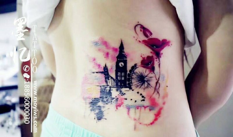 水墨英国大笨钟纹身图片