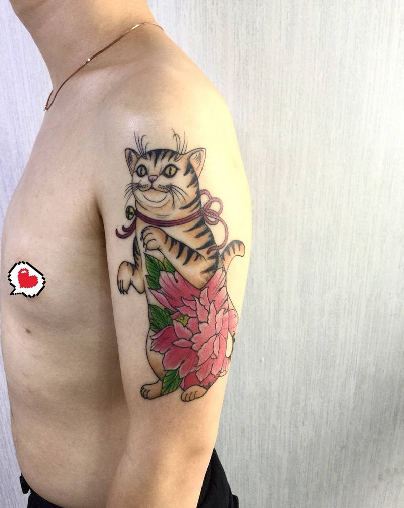 欧美彩色橘猫纹身图片_成品手臂欧美写实动物纹身图案