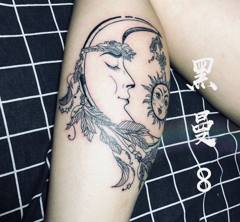 月亮女神守护你纹身图片_腿部New School欧美 清新纹身图案