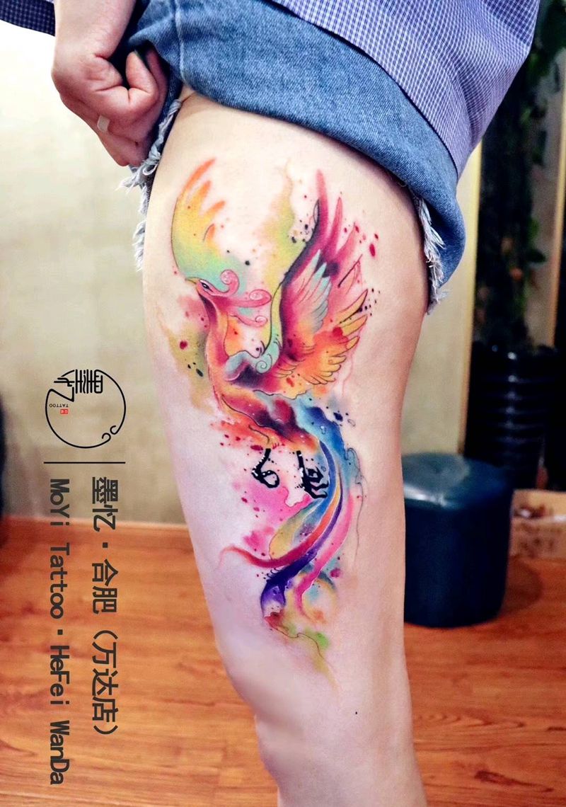 水彩凤凰纹身图片_腿部水彩纹身图案