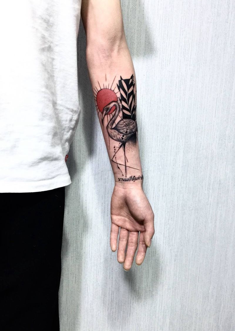 小手手 火烈鸟纹身图片_手臂水彩水墨纹身图案