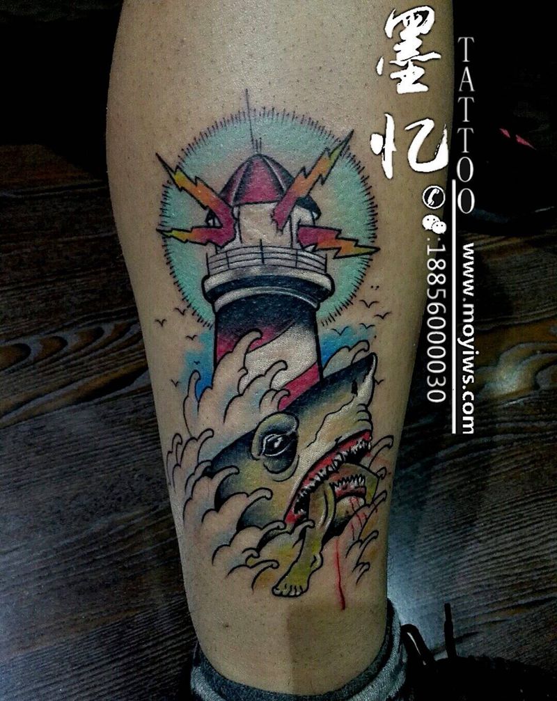 鲨鱼灯塔纹身图片_成品腿部传统动物原创纹身图案