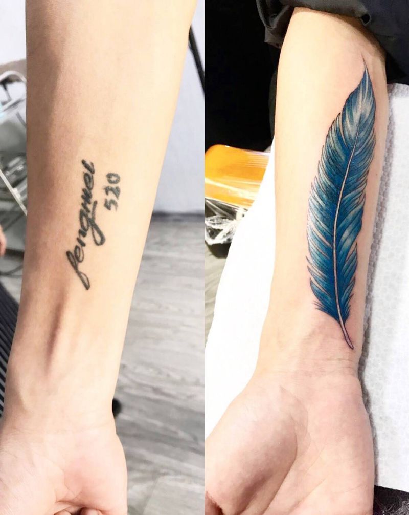 羽毛遮盖老纹身纹身图片_成品手臂清新纹身图案