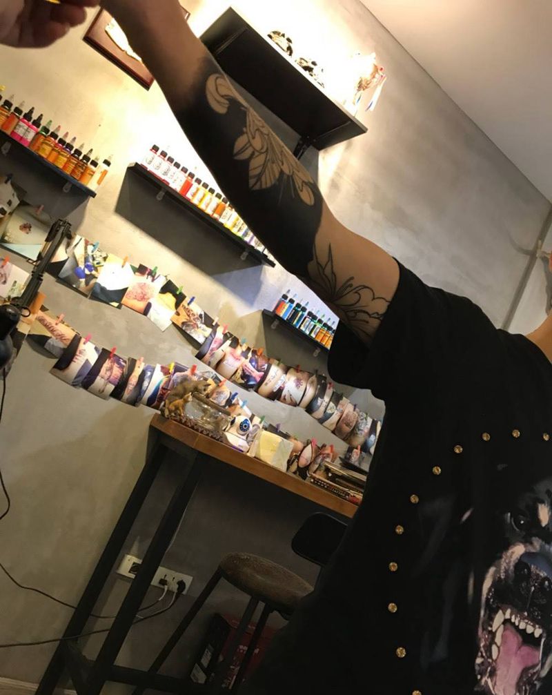 黑臂，进阶中纹身图片_成品手臂欧美国画习俗植物静物图腾原创几何纹身图案