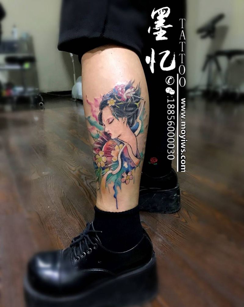 艺妓纹身图片_成品腿部传统几何原创纹身图案