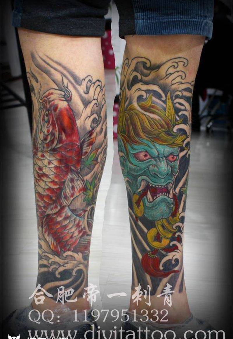包小腿纹身纹身图片_成品腿部传统动物鬼神纹身图案