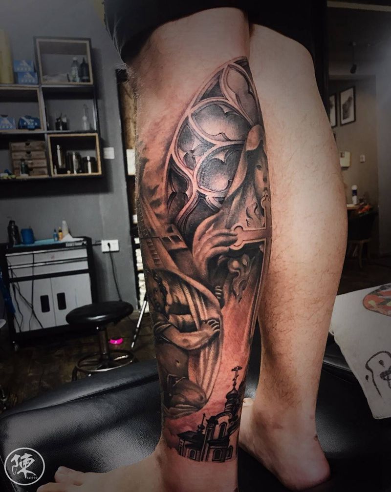 圣母 教堂 窗花 天使纹身图片