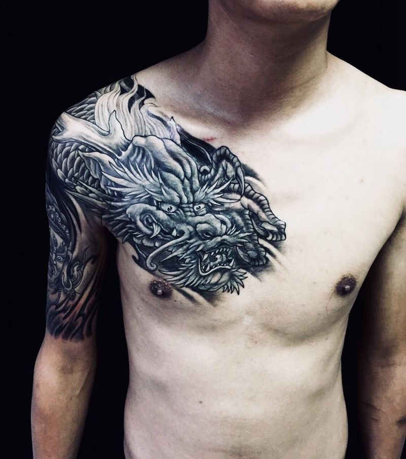 遮盖老纹身纹身图片_成品胸部手臂传统遮盖老鬼神动物纹身图案