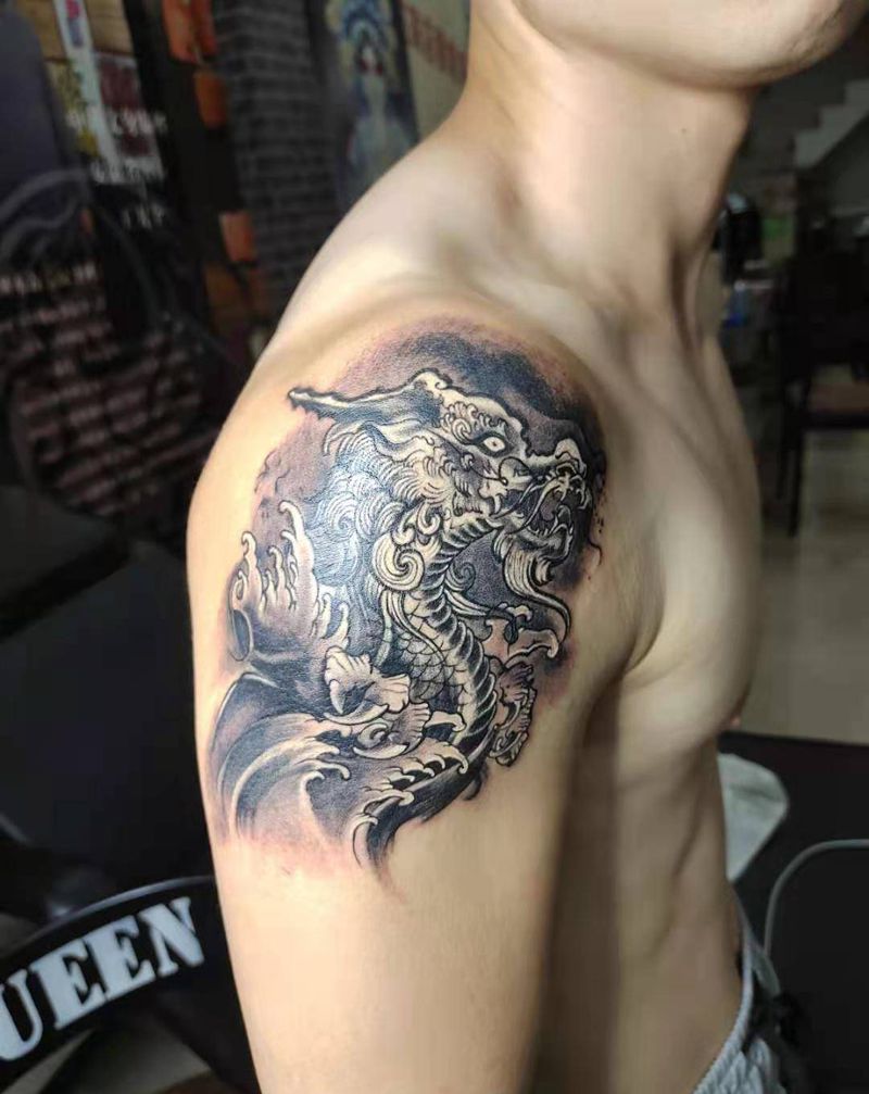 龙纹身图片_腿部手臂新传统水墨纹身图案