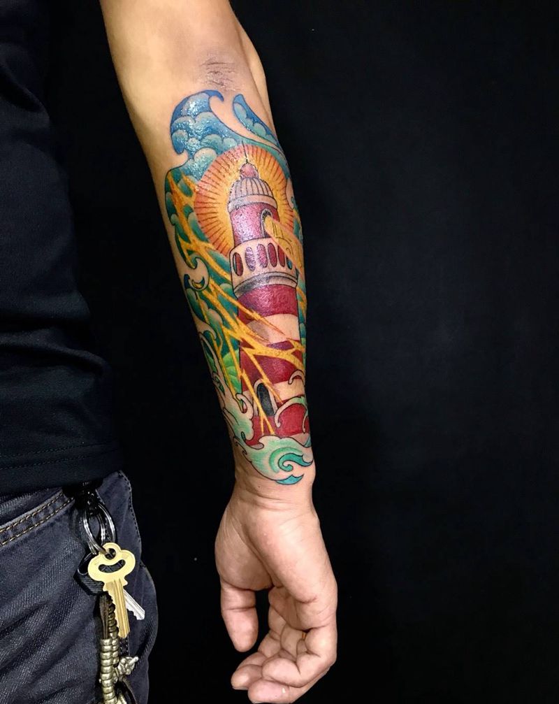 小手臂 彩色灯塔纹身纹身图片_手臂New School欧美写实纹身图案